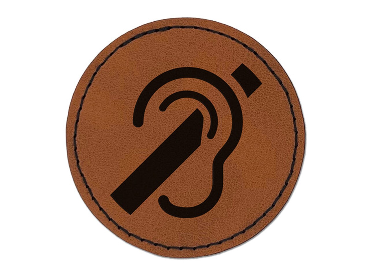 Deaf Hearing Loss Impaired International Symbol Round Iron-On Engraved Faux Leather Patch Applique - 2.5"